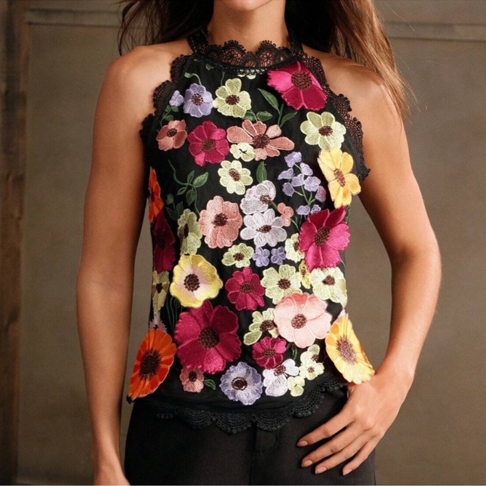 Plus Classic Boho Floral Applique Scallop Lace Halter Tank Top 1X 2X 3X 4X